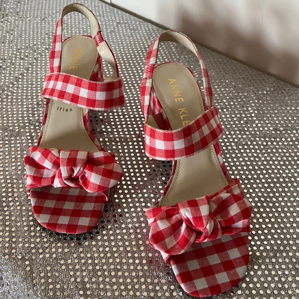 Anne Klein Red and White Checkered Sandals - Picture 2 of 15